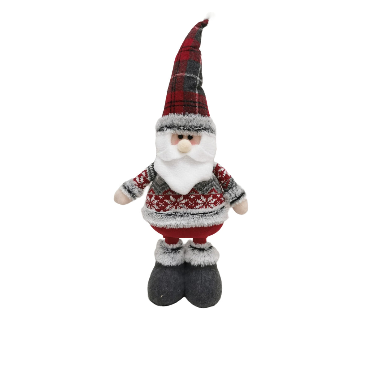Figurina Decorativa Mos Craciun, Picioare Telescopice cu Inaltime Reglabila 44-54 cm, Poliester, Design Bluza cu Fulgi, Rosu/Gri/Multicolor