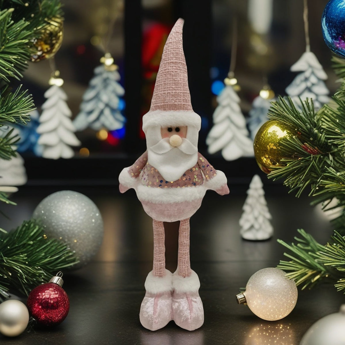 Figurina Decorativa Mos Craciun, Picioare Telescopice si Inaltime Reglabila 44-54 cm, Bluza cu Paiete, Poliester, Roz