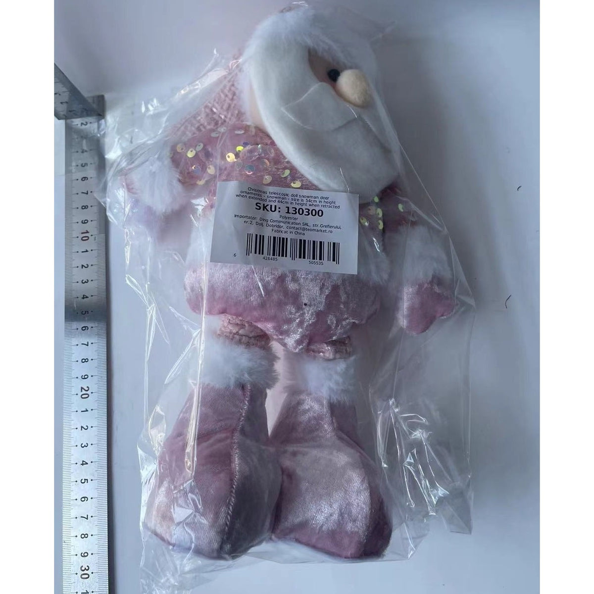 Figurina Decorativa Mos Craciun, Picioare Telescopice si Inaltime Reglabila 44-54 cm, Bluza cu Paiete, Poliester, Roz