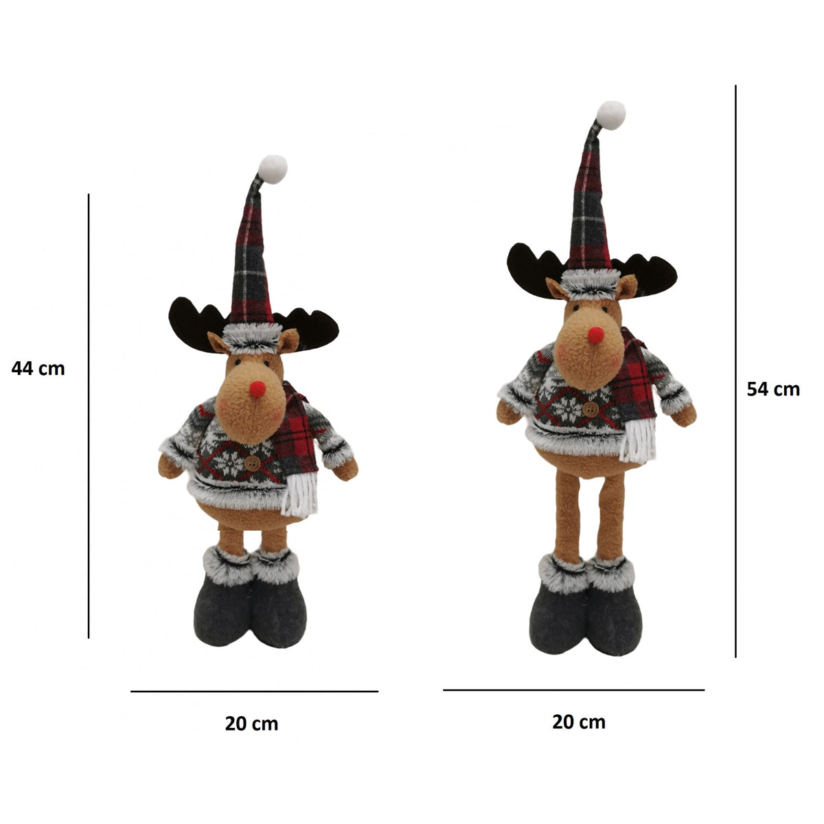 Figurina Decorativa de Craciun, Ren cu Picioare Telescopice si Inaltime Reglabila, Material Textil din Poliester, Bluza cu Model Fulgi, 44-54 cm, Rosu si Gri