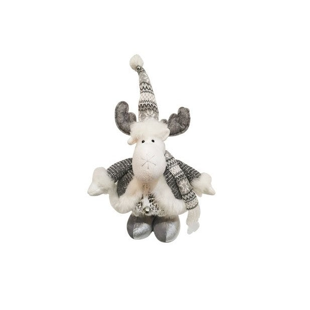 Figurina Decorativa Craciun, Ren cu Picioare Telescopice, Inaltime Reglabila, Pantaloni Luciosi, Poliester, 52-82 cm, Alb/Argintiu