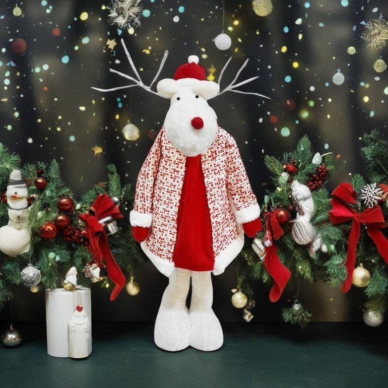 Figurina Decorativa Craciun, Ren cu Picioare Telescopice si Inaltime Reglabila, Textil din Poliester, Alb si Rosu, 42-80 cm