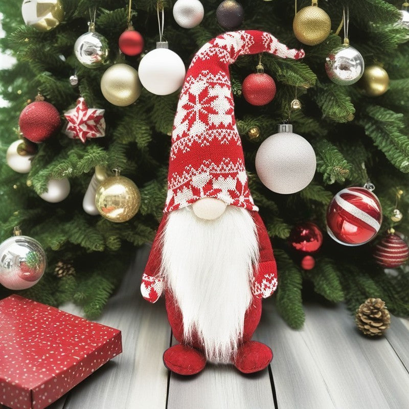 Figurina Decorativa Craciun, Spiridus Omul Padurii cu Barba Lunga, Ornament Stil Nordic, Poliester, Inaltime 47 cm, Rosu/Alb