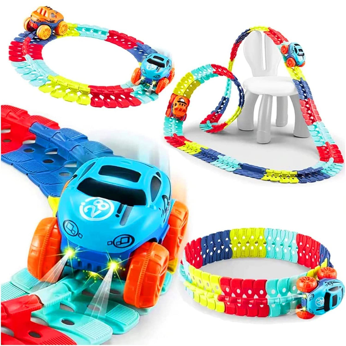 Jucarie de Constructie RollerCoaster, Traseu Interactiv cu Masinuta Electrica si Lumini, Plastic Rezistent, 138 Piese, Multicolor