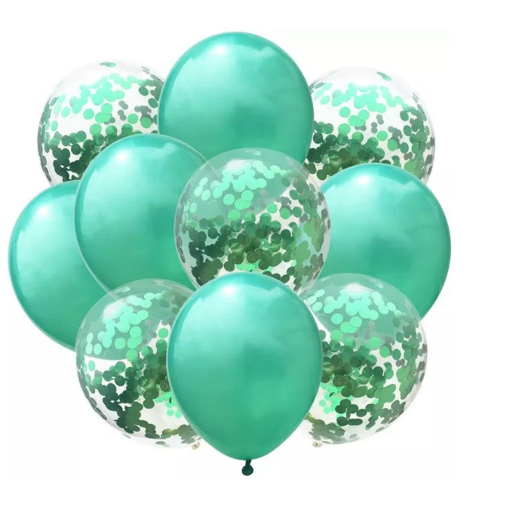 Set 10 Baloane Party Confetti, Mix Baloane Latex Turcoaz și Transparente, Potrivite pentru Aer sau Heliu, Biodegradabile, 25 cm, Turcoaz