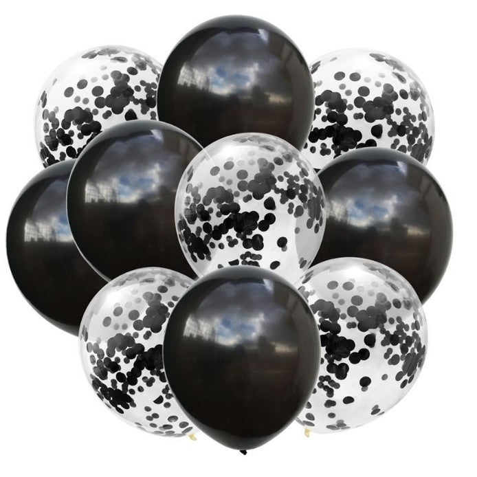 Set 10 Baloane Party din Latex, Model Mix cu Confetti, Ideale pentru Petreceri, Compatibile cu Aer sau Heliu, Biodegradabile, Negru si Transparent, 25 cm, 2.2 g
