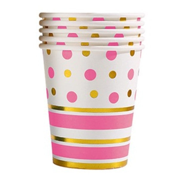 Set 10 Pahare Carton de Unica Folosinta, Design cu Buline si Dungi, Potrivite pentru Petrecere, Baby Shower sau Aniversare, 250 ml, Roz/Auriu/Alb