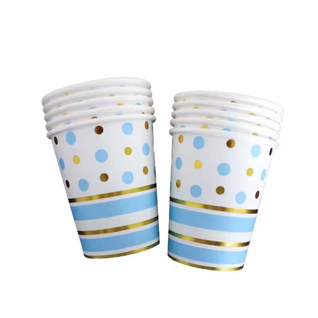 Set 10 Pahare de Unică Folosință pentru Petrecere, Design cu Buline și Dungi, Carton Reciclabil, 250 ml, Albastru și Auriu