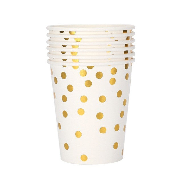 Set 10 Pahare de Unica Folosinta pentru Petreceri, Imprimeu cu Buline, Carton Reciclabil, 250 ml, Auriu