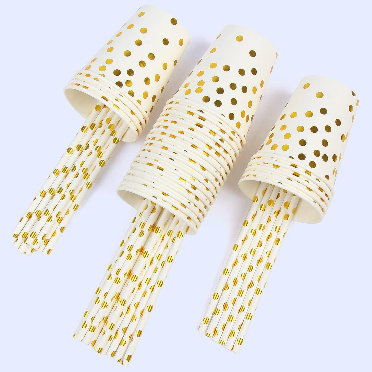 Set 10 Pahare de Unica Folosinta pentru Petreceri, Imprimeu cu Buline, Carton Reciclabil, 250 ml, Auriu