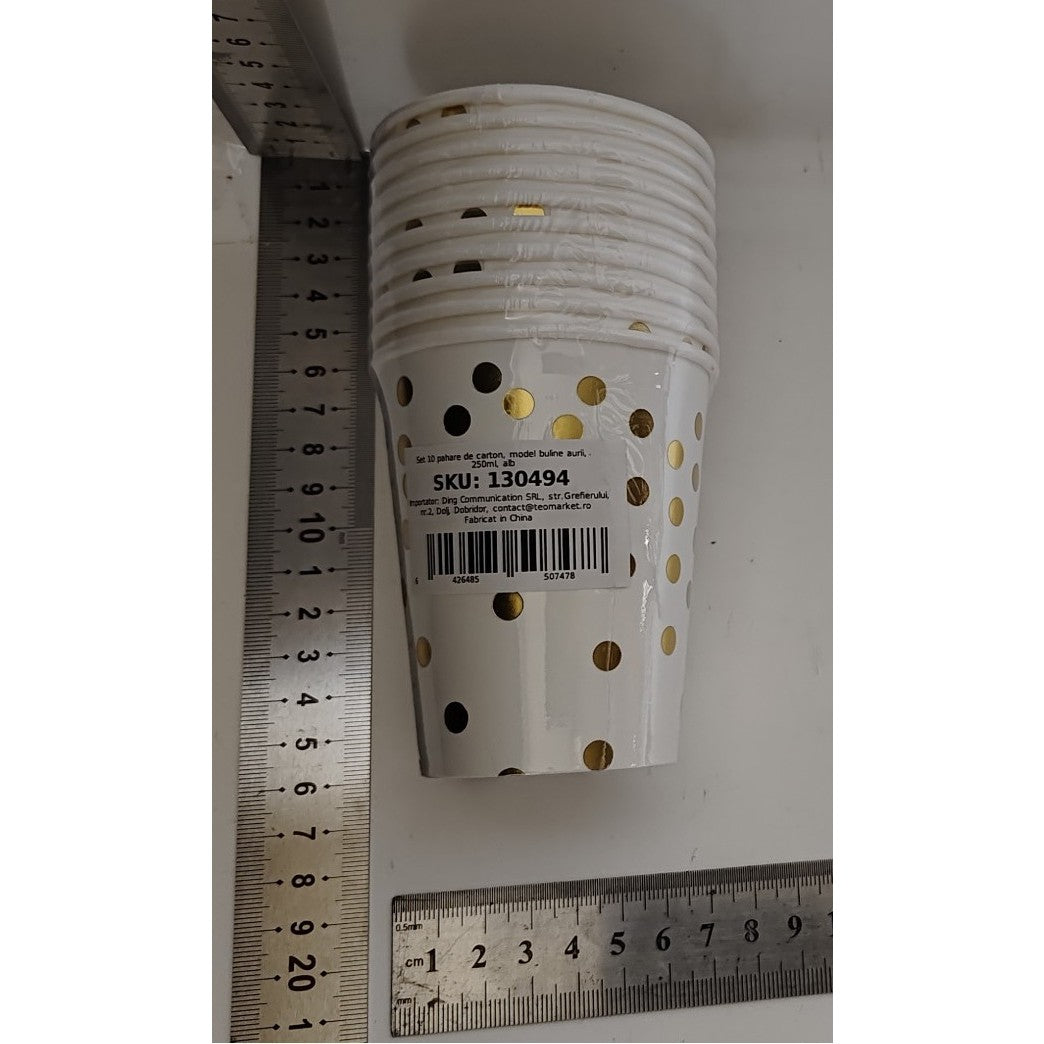 Set 10 Pahare de Unica Folosinta pentru Petreceri, Imprimeu cu Buline, Carton Reciclabil, 250 ml, Auriu