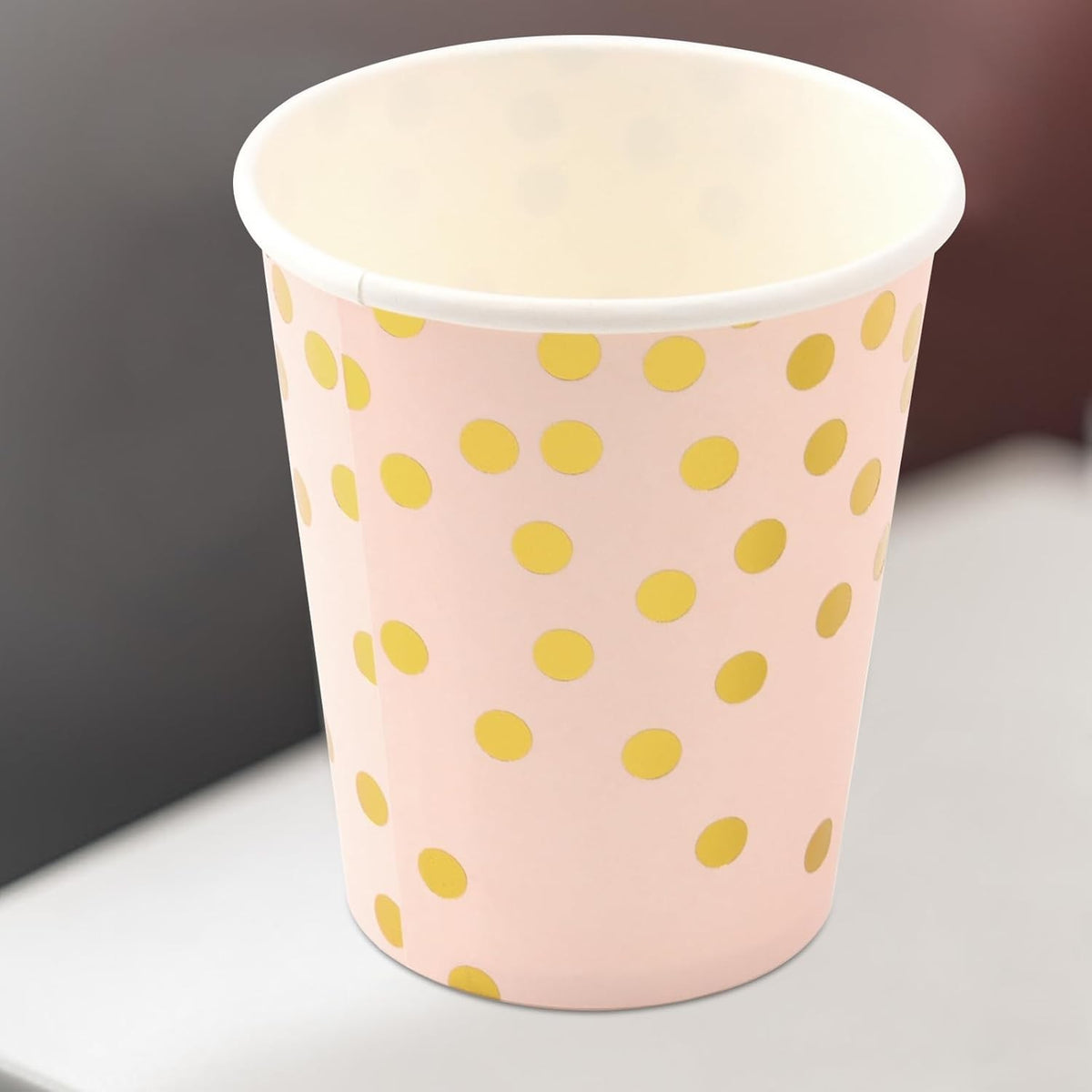 Set 10 Pahare de Unică Folosință pentru Petrecere, Imprimeu cu Buline, Carton Reciclabil, 250 ml, 7.5 x 8.5 x 5.2 cm, Roz/Auriu