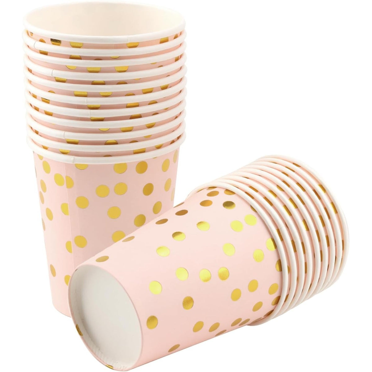 Set 10 Pahare de Unică Folosință pentru Petrecere, Imprimeu cu Buline, Carton Reciclabil, 250 ml, 7.5 x 8.5 x 5.2 cm, Roz/Auriu