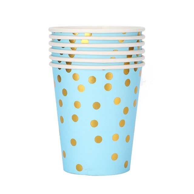 Set 10 Pahare Petrecere cu Imprimeu Buline, Pahare de Unică Folosință pentru Aniversări și Baby Shower, Carton Reciclabil, 250 ml, Albastru/Auriu
