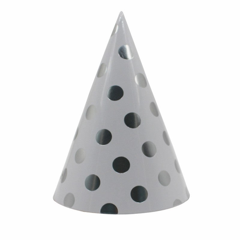 Set 6 Coifuri Petrecere Aniversare, Model Metalizat cu Buline si Elastic, Carton, 20 cm, Argintiu