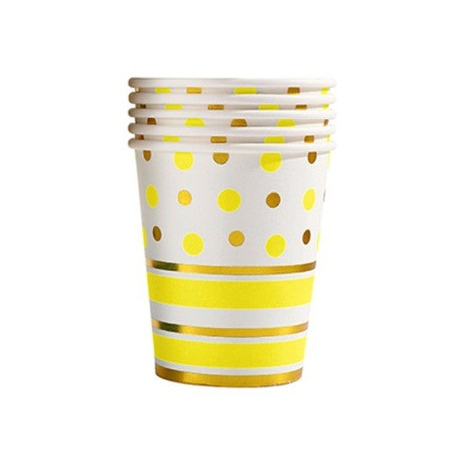 Set 10 Pahare Carton Unică Folosință, Imprimeu cu Buline și Dungi pentru Petreceri, Baby Shower și Aniversări, 250 ml, 7.5 x 8.5 cm, Galben/Auriu