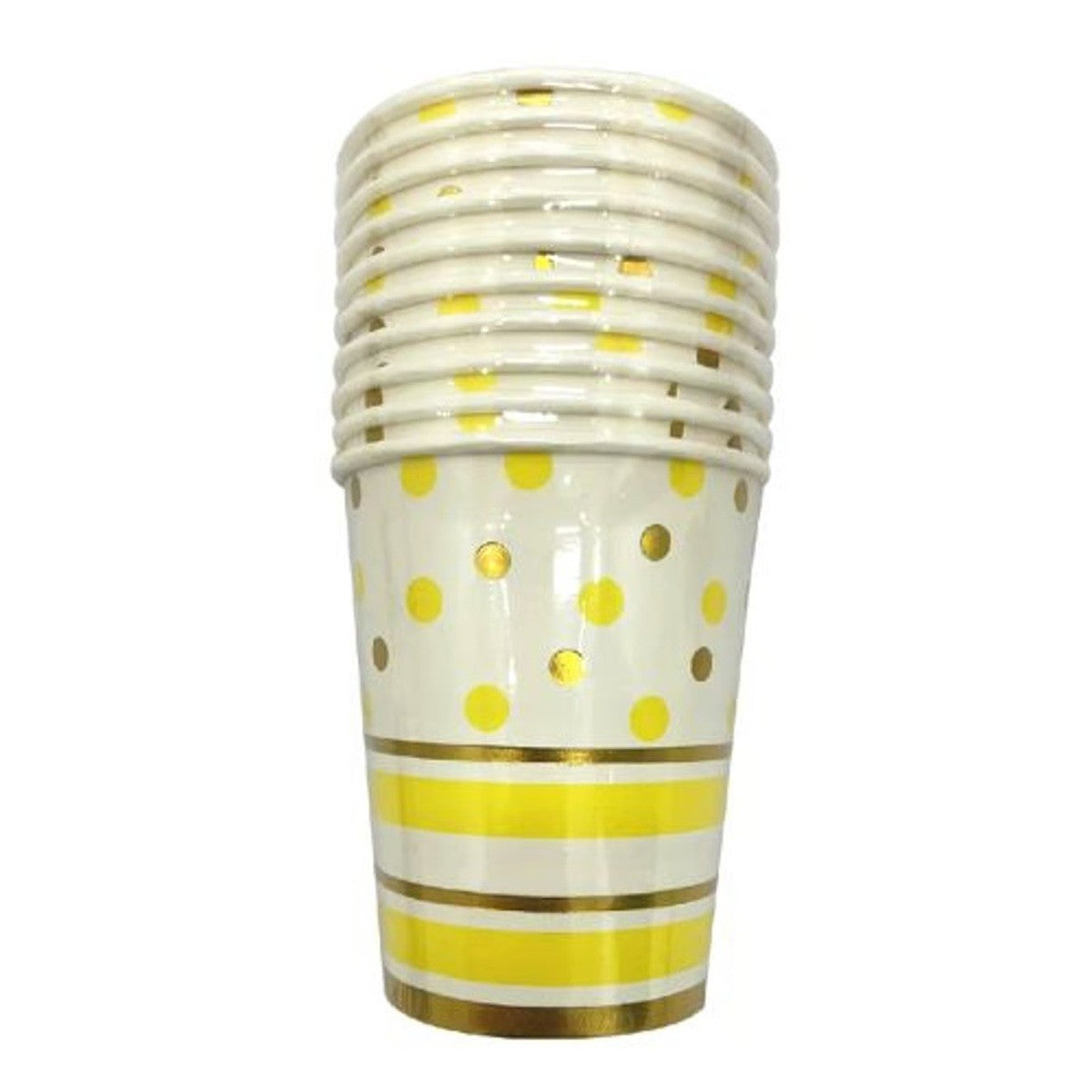 Set 10 Pahare Carton Unică Folosință, Imprimeu cu Buline și Dungi pentru Petreceri, Baby Shower și Aniversări, 250 ml, 7.5 x 8.5 cm, Galben/Auriu