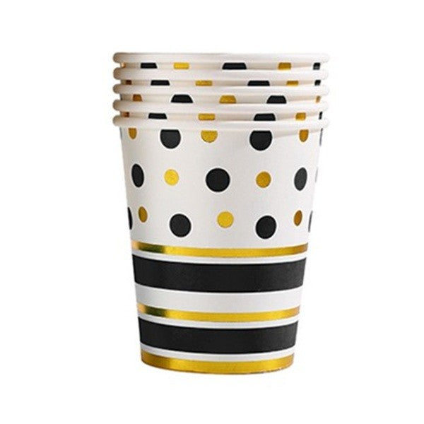 Set 10 Pahare Carton de Unică Folosință, Design Festiv cu Buline și Dungi, Reciclabil, 250 ml, 7.5 x 8.5 x 5.2 cm, Negru/Auriu