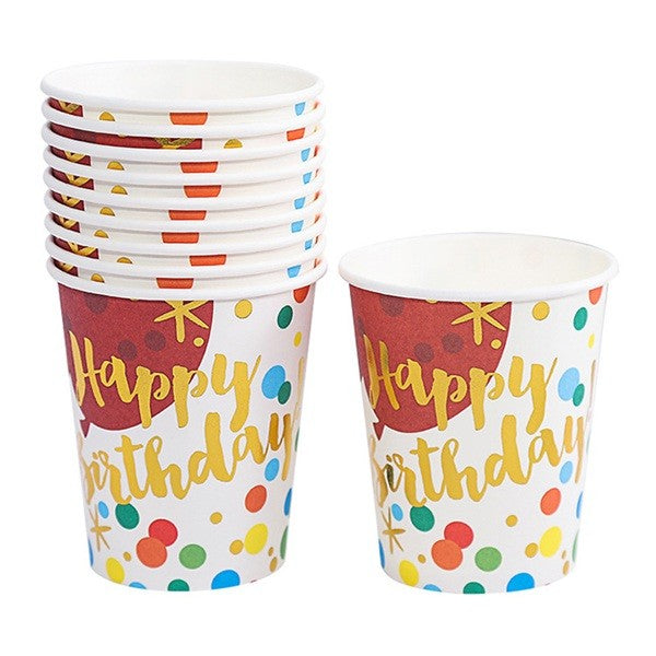 Set 10 Pahare Carton Petrecere, Model Happy Birthday cu Baloane, De Unică Folosință, 250 ml, Multicolor, 7.5 x 8.5 cm