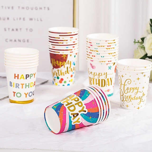 Set 10 Pahare Petrecere, Imprimeu Happy Birthday, Carton Reciclabil, Pentru Aniversari si Evenimente, 250 ml, Multicolor, 7.5 x 8.5 x 5.2 cm
