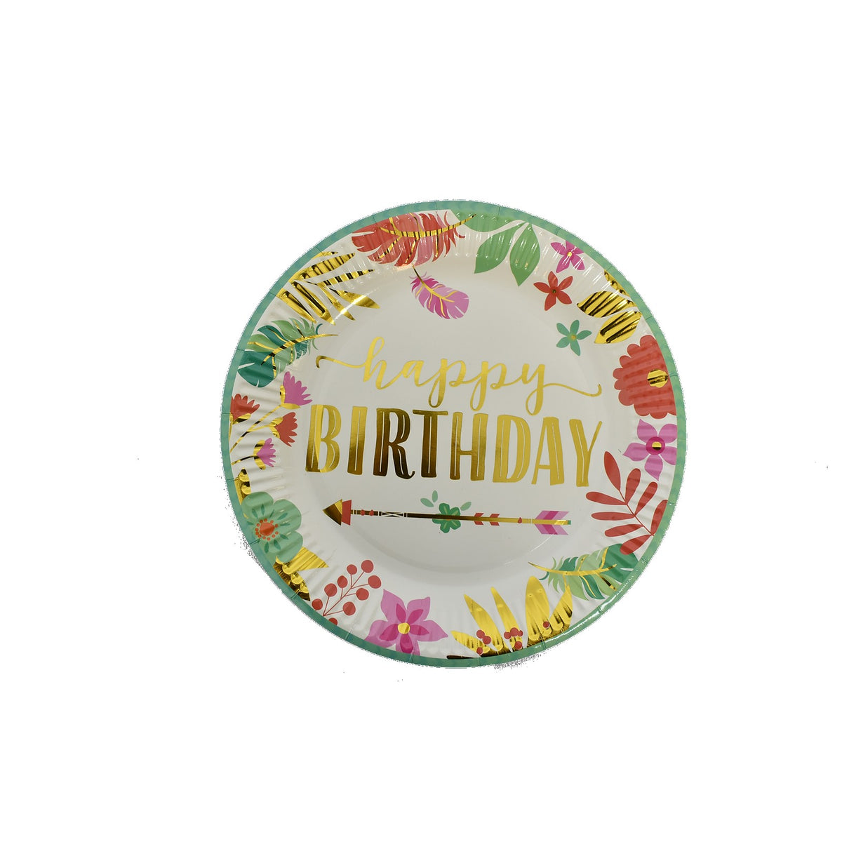 Set 10 Farfurii Unica Folosinta Happy Birthday, Farfurii Petrecere Aniversare cu Imprimeu Frunze, Carton si Plastic, 18 cm, Multicolor