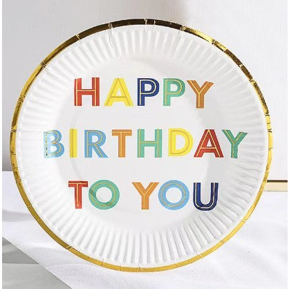 Set 10 Farfurii Unica Folosinta pentru Petrecere, Imprimeu Happy Birthday, Carton cu Strat Protector, Diametru 18 cm, Alb Multicolor