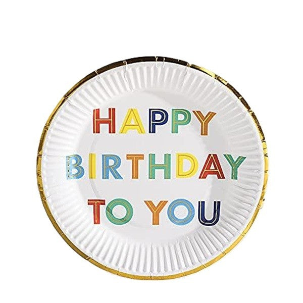 Set 10 Farfurii Unica Folosinta pentru Petrecere, Imprimeu Happy Birthday, Carton cu Strat Protector, Diametru 18 cm, Alb Multicolor