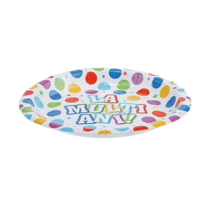 Set 10 Farfurii de Unică Folosință pentru Petrecere, Imprimeu La Mulți Ani, Carton cu Strat Protector Plastic, Diametru 17 cm, Multicolor