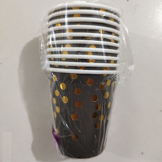 Set 10 Pahare de Unică Folosință, Design Festiv cu Imprimeu Buline Auriu, Carton Reciclabil, 250 ml, Negru/Auriu