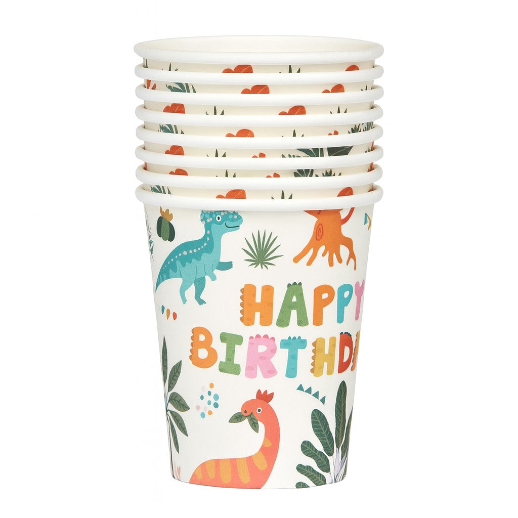Set 10 Pahare de Unică Folosință, Imprimeu Tematic Dinozauri și Buline, Carton Reciclabil, 250 ml, 7.5 x 8.5 x 5.2 cm, Multicolor