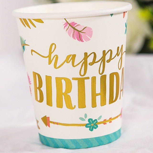 Set 10 Pahare Carton Petrecere, Imprimeu Happy Birthday Gold, Reciclabile, De Unică Folosință, Multicolor, 250 ml