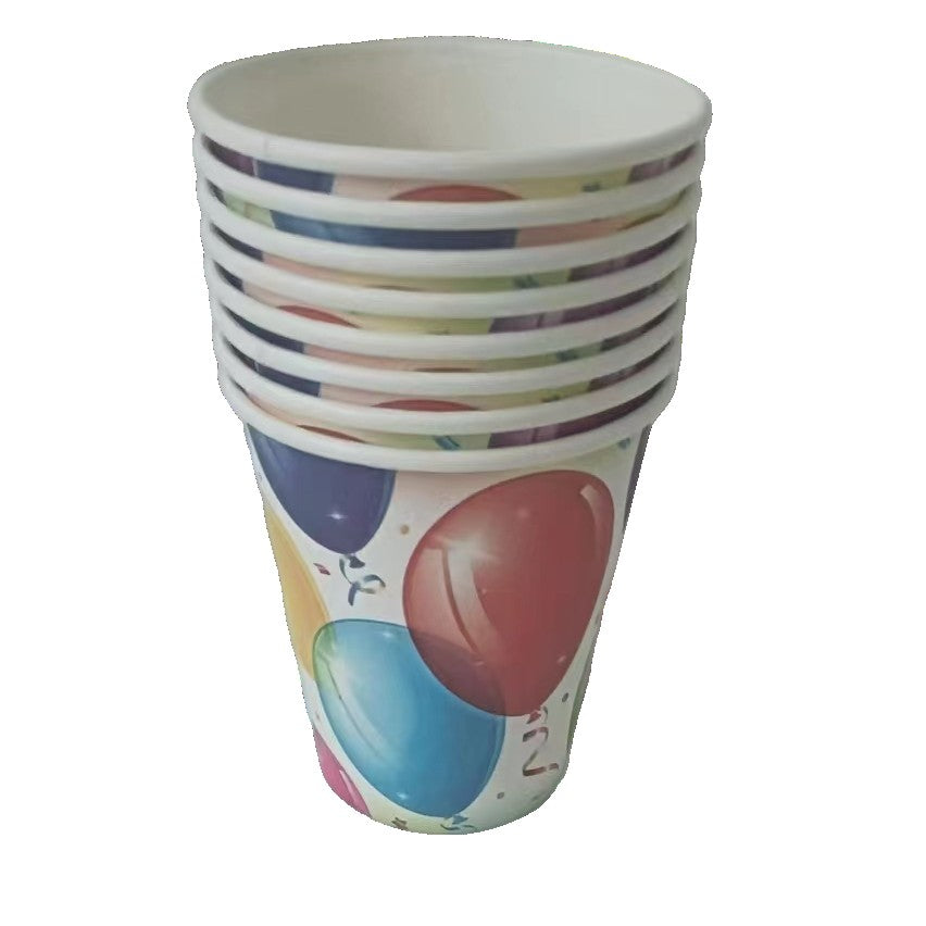 Set 10 Pahare Petrecere, Imprimeu Baloane si Buline, De Unica Folosinta, Carton Reciclabil, 250 ml, Multicolor