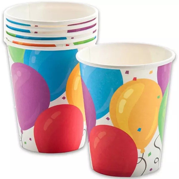 Set 10 Pahare Petrecere, Imprimeu Baloane si Buline, De Unica Folosinta, Carton Reciclabil, 250 ml, Multicolor