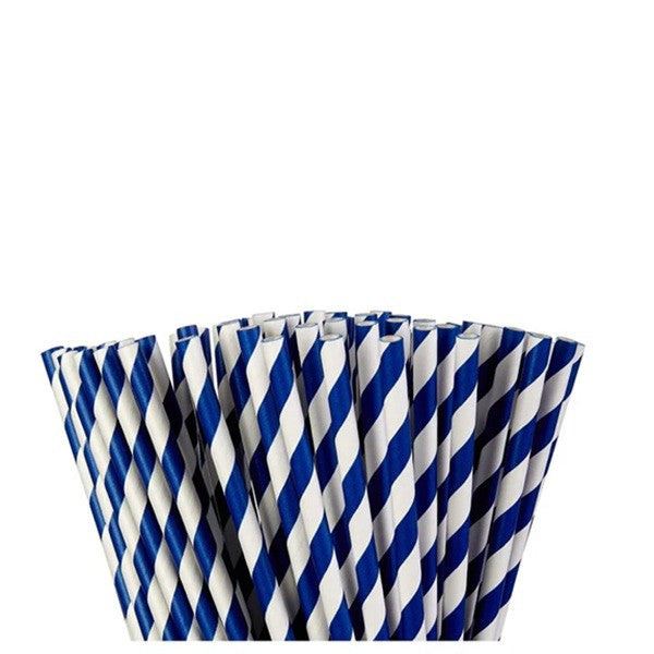 Set 25 Paie din Hartie Biodegradabila, Design cu Dungi pentru Petreceri si Cocktailuri, Ecologice si Rezistente, 20 cm, Alb/Albastru Inchis