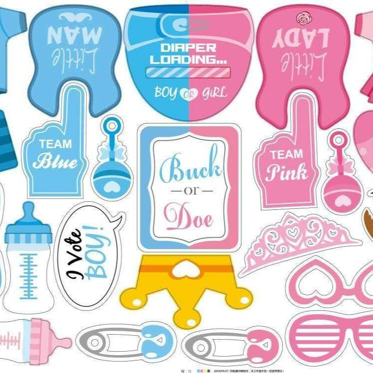 Set Accesorii Party Props pentru Photo Booth, Tematica Gender Reveal si Baby Shower, Carton si Lemn, Albastru si Roz, 43 Piese