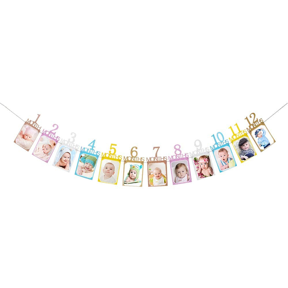 Banner Foto Prima Aniversare, Decoratiune Primele 12 Luni, Ghirlanda Fotografii Bebelusi cu Rola Ata Inclusa, Carton, 15.2x10.2 cm, Multicolor