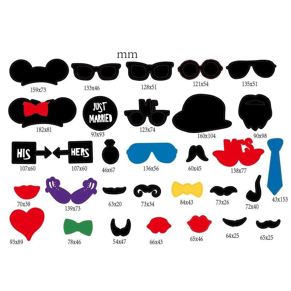 Set 31 Accesorii pentru Petrecere, Props Photo Booth pentru Nunta si Evenimente, Carton, Modele Ochelari, Pălării și Mustăți, Multicolor