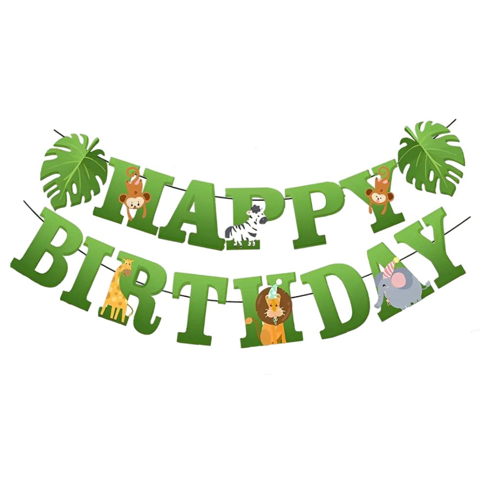 Banner Happy Birthday Tematica Jungle, Decoratiune Aniversara pentru Interior si Exterior, Material Rezistent, Rola de Ata Inclusa, Verde, 100x200 cm