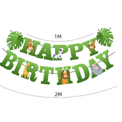 Banner Happy Birthday Tematica Jungle, Decoratiune Aniversara pentru Interior si Exterior, Material Rezistent, Rola de Ata Inclusa, Verde, 100x200 cm