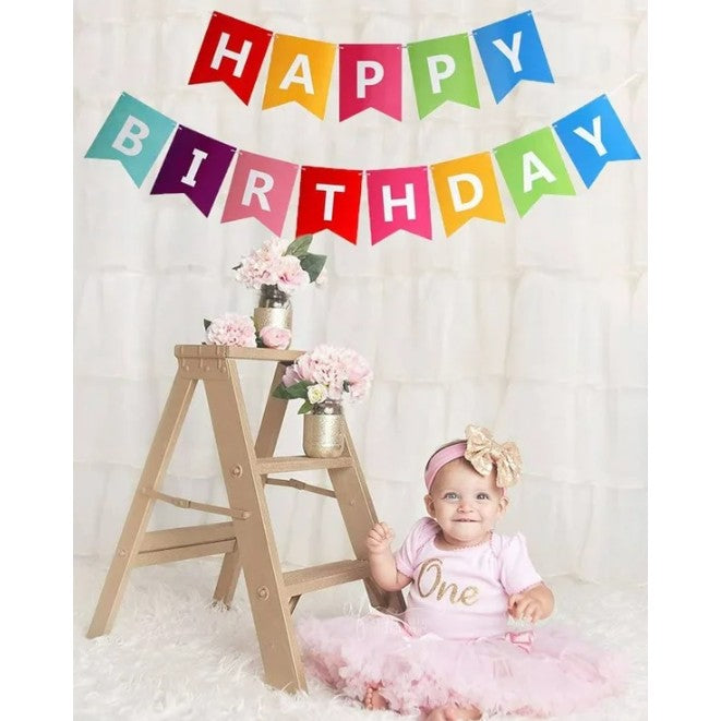 Banner Happy Birthday, Decoratiuni Petrecere Aniversara cu Stegulete, Rezistent la Intemperii, Include Rola de Ata, Multicolor, 100x200 cm