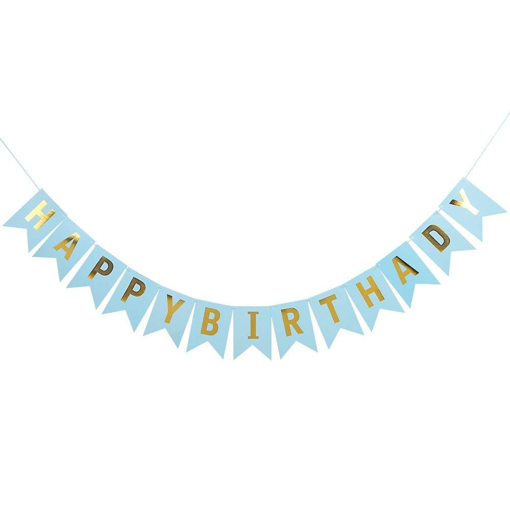 Banner Happy Birthday pentru Aniversare, Decor Petrecere cu 13 Stegulețe, Rezistent la Intemperii, Include Rolă de Ață, Albastru, 100x200 cm