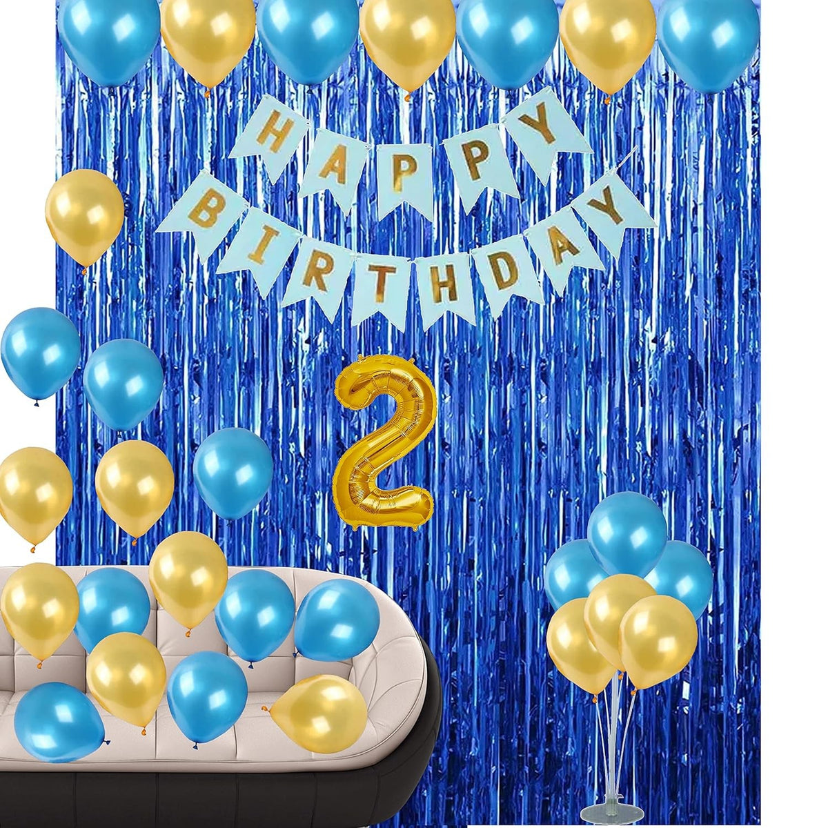 Banner Happy Birthday pentru Aniversare, Decor Petrecere cu 13 Stegulețe, Rezistent la Intemperii, Include Rolă de Ață, Albastru, 100x200 cm