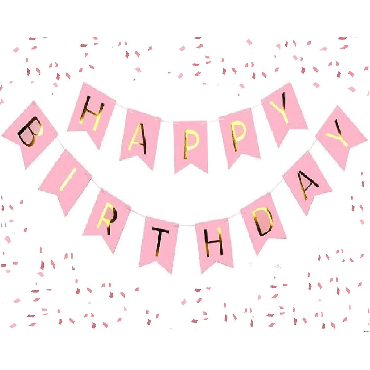 Banner Happy Birthday Pentru Aniversare, Decoratiune Petrecere Cu Stegulete Si Rola De Ata, Material Rezistent, 100x200 cm, Roz