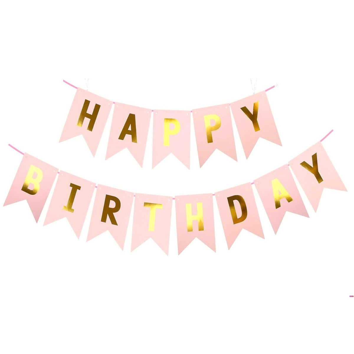 Banner Happy Birthday Pentru Aniversare, Decoratiune Petrecere Cu Stegulete Si Rola De Ata, Material Rezistent, 100x200 cm, Roz