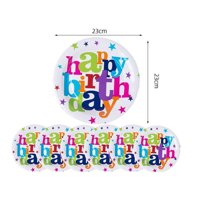 Set 6 Farfurii Unică Folosință, Imprimeu Happy Birthday, Design Festiv Aniversare, Carton și Plastic, 23 cm, Multicolor