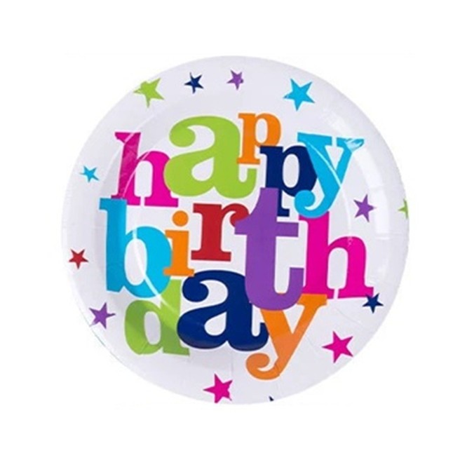 Set 6 Farfurii Unică Folosință, Imprimeu Happy Birthday, Design Festiv Aniversare, Carton și Plastic, 23 cm, Multicolor