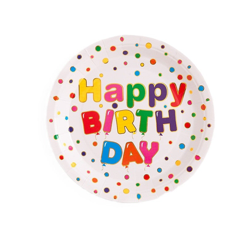 Set Farfurii Unică Folosință Happy Birthday, Farfurii Carton Petrecere Aniversară, Rezistente cu Strat Protector, Multicolor, Diametru 18 cm, 10 Bucăți
