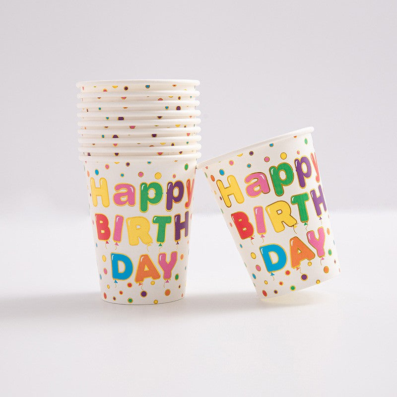 Set 10 Pahare Petrecere, Imprimeu Happy Birthday, Carton Rezistent De Unică Folosință, Multicolor, 250 ml, 7.5 x 8.5 cm