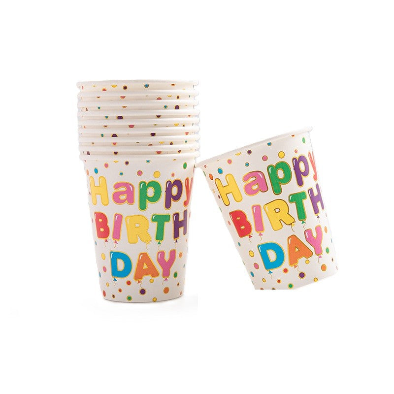Set 10 Pahare Petrecere, Imprimeu Happy Birthday, Carton Rezistent De Unică Folosință, Multicolor, 250 ml, 7.5 x 8.5 cm