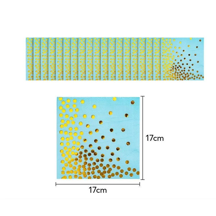 Set 20 Șervețele de Masă pentru Petrecere, Design cu Buline Aurii, Hârtie Absorbantă, 17 x 17 cm, Albastru